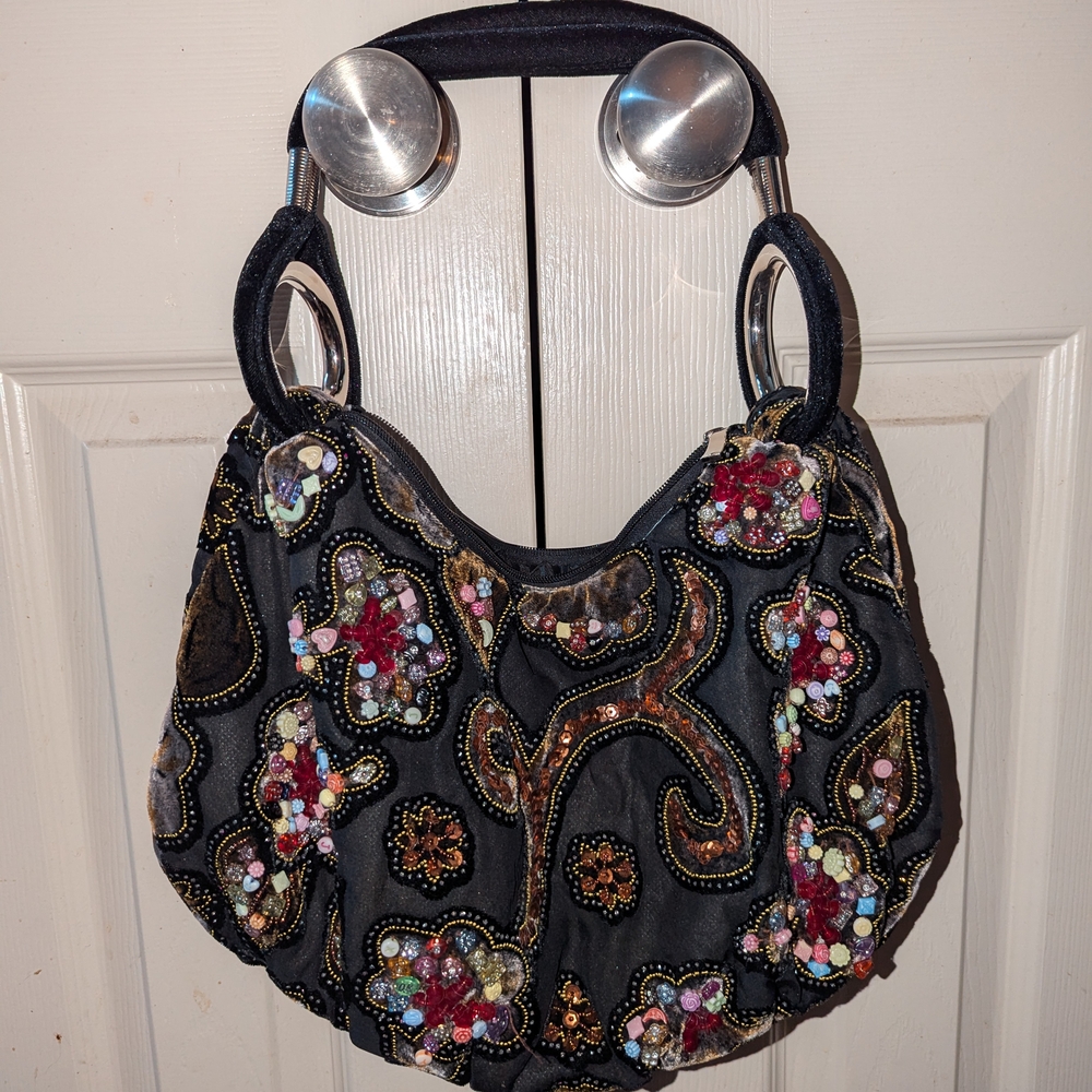 Black Structured Satchel with Floral Embroidery